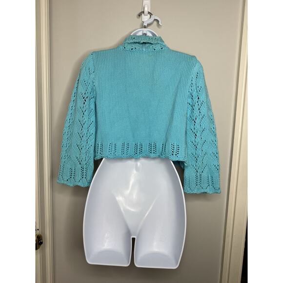 For The Republic Women’s Small Blue Open Knit Cardigan 100% Cotton Ruffle Shrug - Picture 10 of 11